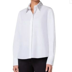 Akris Punto Rhinestone Embellished Collar Cotton Button Down Shirt size 2 NEW